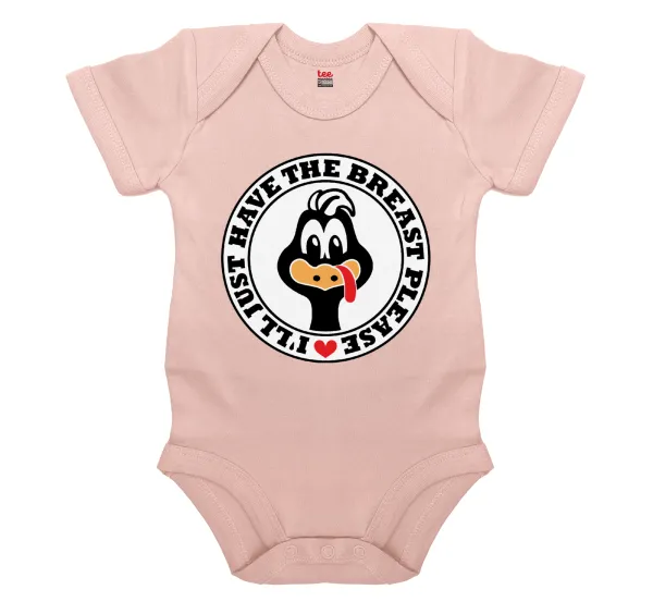 I'll Just Have The Breast Please — Short-sleeve baby bodysuit, 0-18 months, POWDER PINK, 100% organic cotton