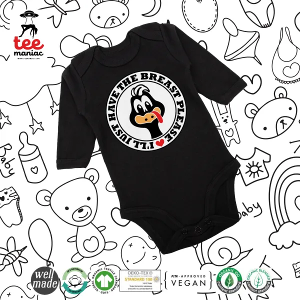 I'll Just Have The Breast Please — Long-sleeve baby bodysuit, 0-18 months, BLACK, 100% organic cotton