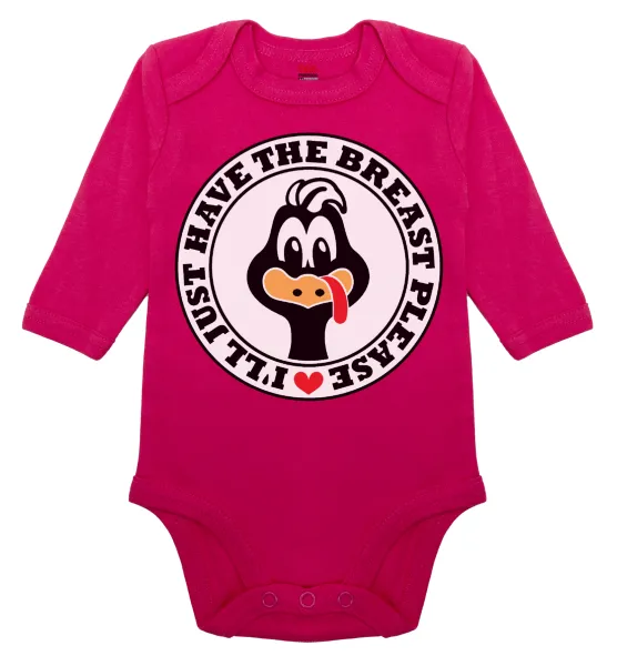 I'll Just Have The Breast Please — Long-sleeve baby bodysuit, 0-18 months, PINK, 100% organic cotton