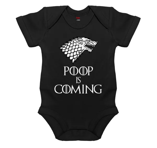 POOP Is Coming — Short-sleeve baby bodysuit, 0-18 months, BLACK, 100% organic cotton