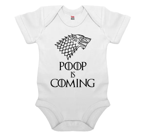 POOP Is Coming — Short-sleeve baby bodysuit, 0-24 months, WHITE, 100% organic cotton