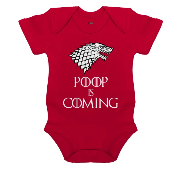 POOP Is Coming — Short-sleeve baby bodysuit, RED, 100% organic cotton