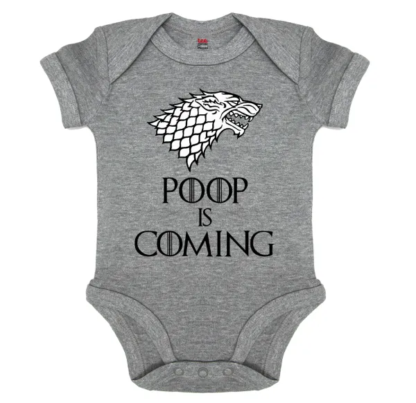 POOP Is Coming — Short-sleeve baby bodysuit, 0-18 months, GREY MELANGE, 100% organic cotton