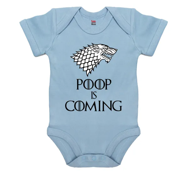 POOP Is Coming — Short-sleeve baby bodysuit, 0-18 months, blue, 100% organic cotton