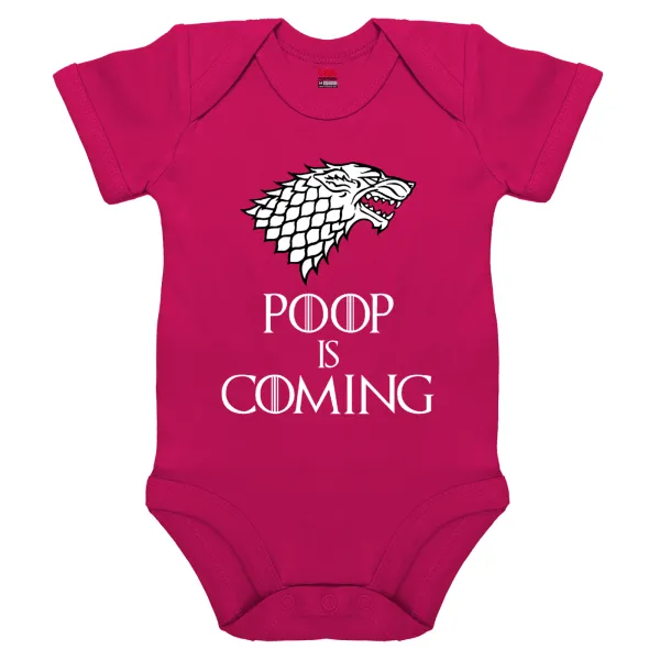 POOP Is Coming — Short-sleeve baby bodysuit, 0-18 months, PINK, 100% organic cotton