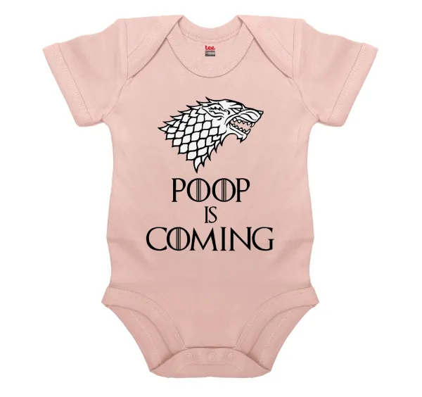 POOP Is Coming — Short-sleeve baby bodysuit, 0-18 months, POWDER PINK, 100% organic cotton