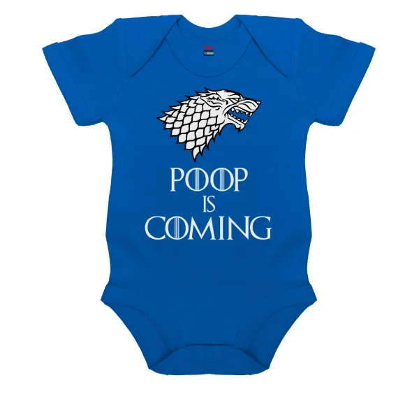 POOP Is Coming — Short-sleeve baby bodysuit, cobalt blue, 100% organic cotton