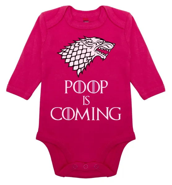 POOP Is Coming — Long-sleeve baby bodysuit, 0-18 months, PINK, 100% organic cotton