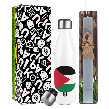 Palestine Flag, Easter candle, metallic white thermos bottle (500ml) & aromatic flat candle (30cm) (GRAY)
