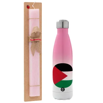 Palestine Flag, Easter Set, Metallic pink/white (Stainless steel) thermos, double-walled, 500ml & aromatic flat Easter candle (30cm) (PINK)