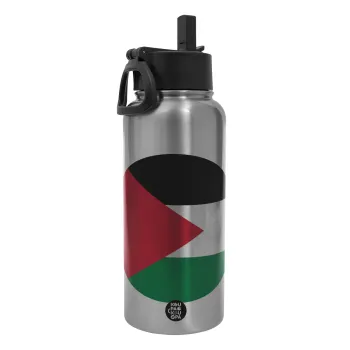 Palestine Flag, Metal mug thermo Silver with Straw and Spout Lid (Stainless steel), double wall, 950ml