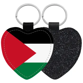 Palestine Flag, Μπρελόκ PU δερμάτινο glitter καρδιά ΜΑΥΡΟ