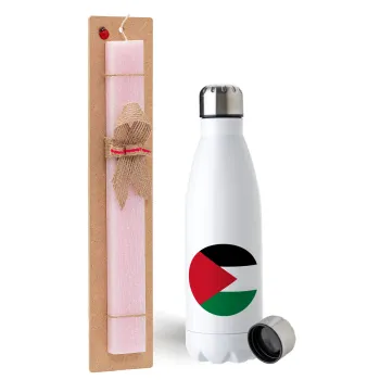 Palestine Flag, Easter Set, metallic stainless steel water bottle (750ml) & scented flat Easter candle (30cm) (PINK)