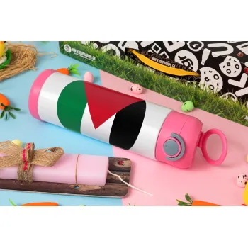 Palestine Flag, Easter candle, Childrens hot water bottle, stainless steel, with safety straw, PINK (500ml)