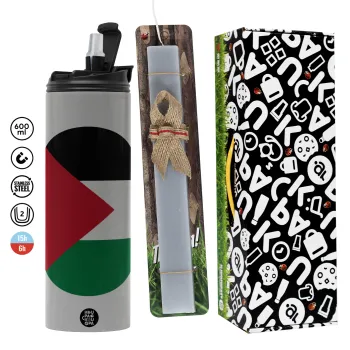 Σημαία Παλαιστίνης, Πασχαλινή Λαμπάδα με Travel Tumbler θερμό (600ml, BPA free) & κερί αρωματικό πλακέ (30cm) (ΓΚΡΙ)
