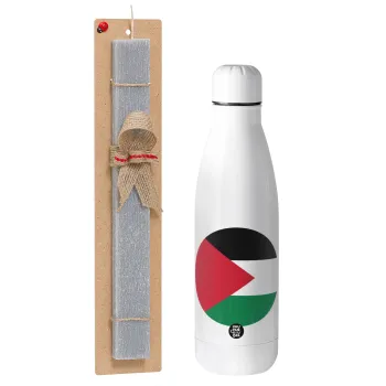 Palestine Flag, Easter Set, metallic stainless thermos bottle (500ml) & scented flat Easter candle (30cm) (GRAY)