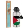 Easter Set, metallic silver aluminum water bottle (500ml) & scented flat Easter candle (30cm) (TURQUOISE)