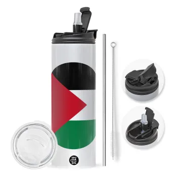 Σημαία Παλαιστίνης, Travel Tumbler θερμό με διπλό καπάκι, μεταλλικό καλαμάκι και βούρτσα καθαρισμού (Ανωξείδωτο 304 Food grade, BPA free, 600ml)
