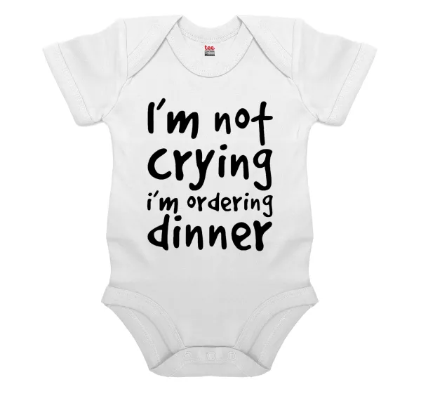 I'm Not Crying I'm Ordering Dinner — Short-sleeve baby bodysuit, 0-24 months, WHITE, 100% organic cotton