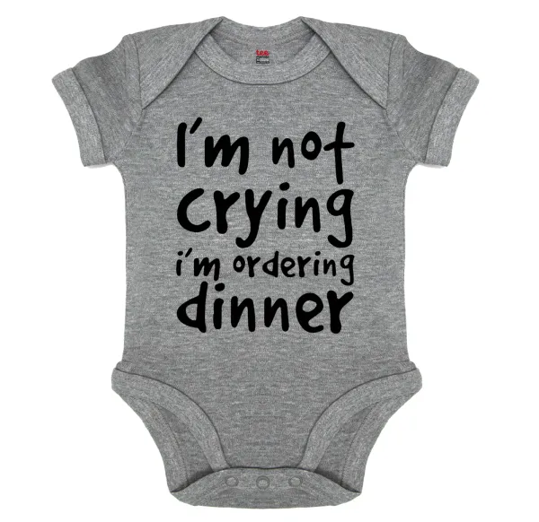 I'm Not Crying I'm Ordering Dinner — Short-sleeve baby bodysuit, 0-18 months, GREY MELANGE, 100% organic cotton