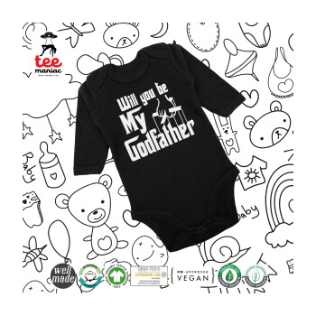 Will You Be My Godfather, Μακρυμάνικο βρεφικό φορμάκι, 0-18 μηνών, ΜΑΥΡΟ, 100% Organic Cotton