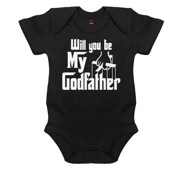 Will You Be My Godfather — Βρεφικό φορμάκι μωρού, 0-18 μηνών, ΜΑΥΡΟ, 100% Organic Cotton, κοντομάνικο