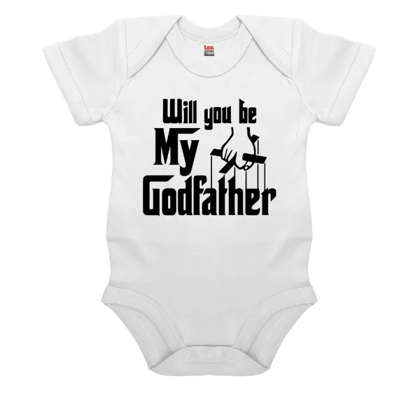 Will You Be My Godfather — Short-sleeve baby bodysuit, 0-24 months, WHITE, 100% organic cotton