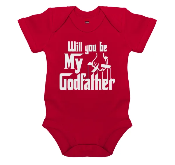 Will You Be My Godfather — Short-sleeve baby bodysuit, RED, 100% organic cotton
