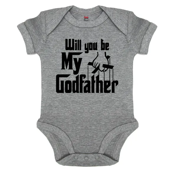 Will You Be My Godfather — Short-sleeve baby bodysuit, 0-18 months, GREY MELANGE, 100% organic cotton