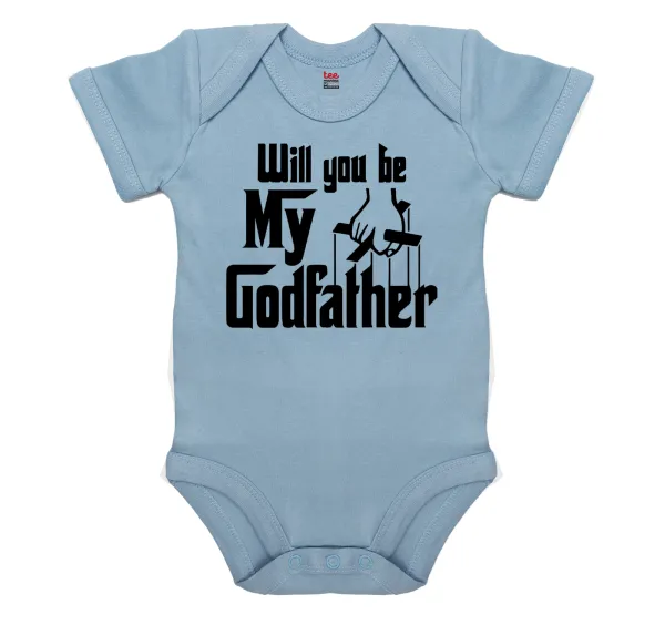 Will You Be My Godfather — Short-sleeve baby bodysuit, 0-18 months, blue, 100% organic cotton