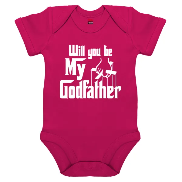 Will You Be My Godfather — Short-sleeve baby bodysuit, 0-18 months, PINK, 100% organic cotton