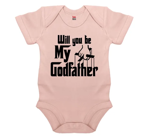 Will You Be My Godfather — Short-sleeve baby bodysuit, 0-18 months, POWDER PINK, 100% organic cotton