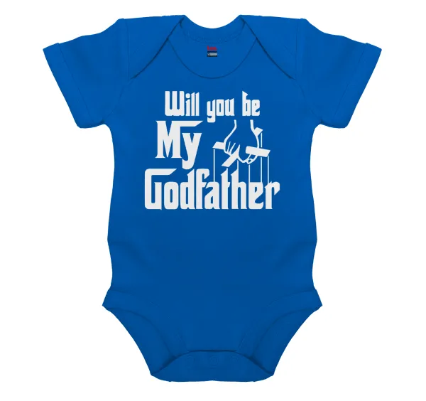 Will You Be My Godfather — Short-sleeve baby bodysuit, cobalt blue, 100% organic cotton