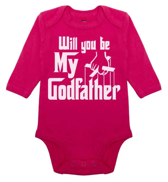 Will You Be My Godfather — Long-sleeve baby bodysuit, 0-18 months, PINK, 100% organic cotton