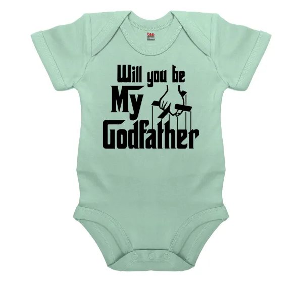 Will You Be My Godfather — Short-sleeve baby bodysuit, 0-18 months, mint, 100% organic cotton