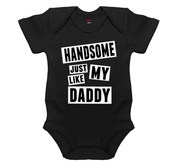Handsome just like my Daddy — Short-sleeve baby bodysuit, 0-18 months, BLACK, 100% organic cotton