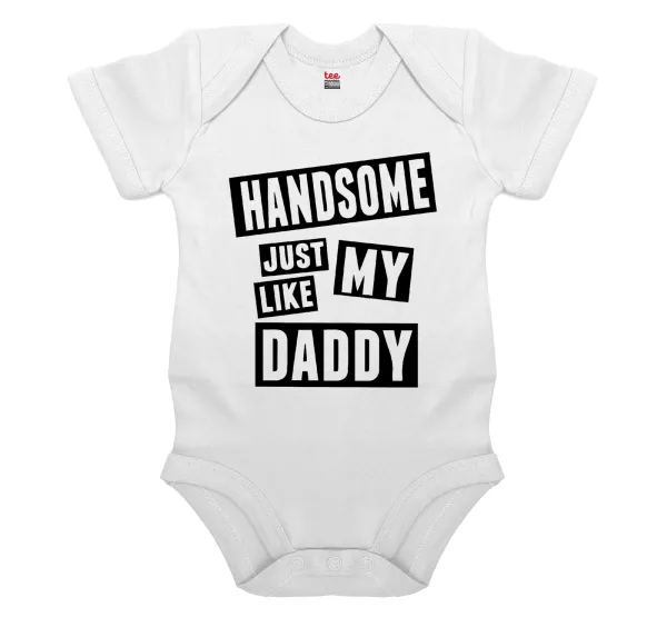 Handsome just like my Daddy — Short-sleeve baby bodysuit, 0-24 months, WHITE, 100% organic cotton