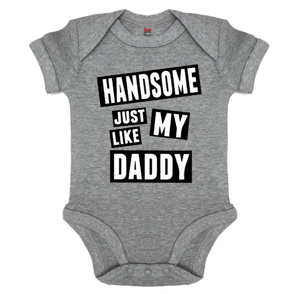Handsome just like my Daddy — Short-sleeve baby bodysuit, 0-18 months, GREY MELANGE, 100% organic cotton
