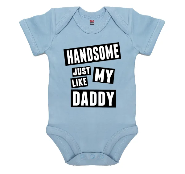 Handsome just like my Daddy — Short-sleeve baby bodysuit, 0-18 months, blue, 100% organic cotton