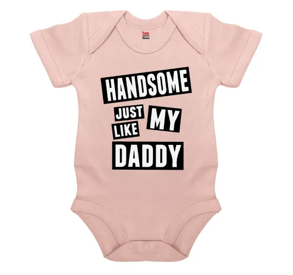 Handsome just like my Daddy — Short-sleeve baby bodysuit, 0-18 months, POWDER PINK, 100% organic cotton