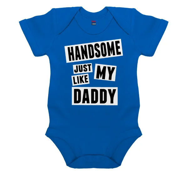 Handsome just like my Daddy — Short-sleeve baby bodysuit, cobalt blue, 100% organic cotton