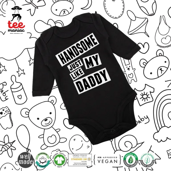 Handsome just like my Daddy — Long-sleeve baby bodysuit, 0-18 months, BLACK, 100% organic cotton