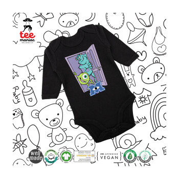 Monster inc, Μακρυμάνικο βρεφικό φορμάκι, 0-18 μηνών, ΜΑΥΡΟ, 100% Organic Cotton