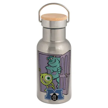Monster inc, Stainless steel metallic thermos flask, silver with a bamboo lid, double-walled, 350ml.