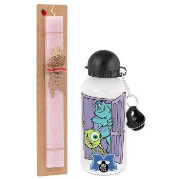 Monster inc, Πασχαλινή Λαμπάδα με παγούρι μεταλλικό αλουμινίου (500ml) & κερί αρωματικό πλακέ (30cm) (ΡΟΖ)