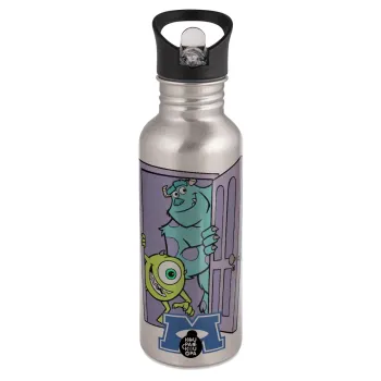Monster inc, Water bottle Silver with straw, stainless steel 600ml