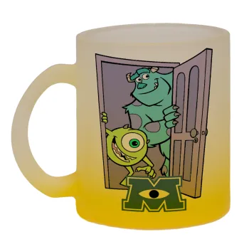Monster inc, Κούπα γυάλινη δίχρωμη με βάση το κίτρινο ματ, 330ml