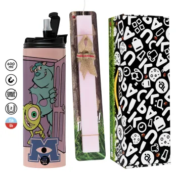 Monster inc, Easter candle,Travel Tumbler 2 Lids, with metal straw & cleaning brush & aromatic flat candle (30cm) (PINK)