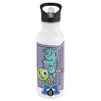 Monster inc, Παγούρι νερού Λευκό με καλαμάκι, ανοξείδωτο ατσάλι 600ml