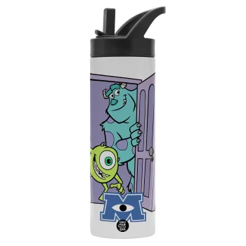 Monster inc, Μεταλλικό παγούρι θερμός με καλαμάκι & χειρολαβή, ανοξείδωτο ατσάλι (Stainless steel 304), διπλού τοιχώματος, 600ml